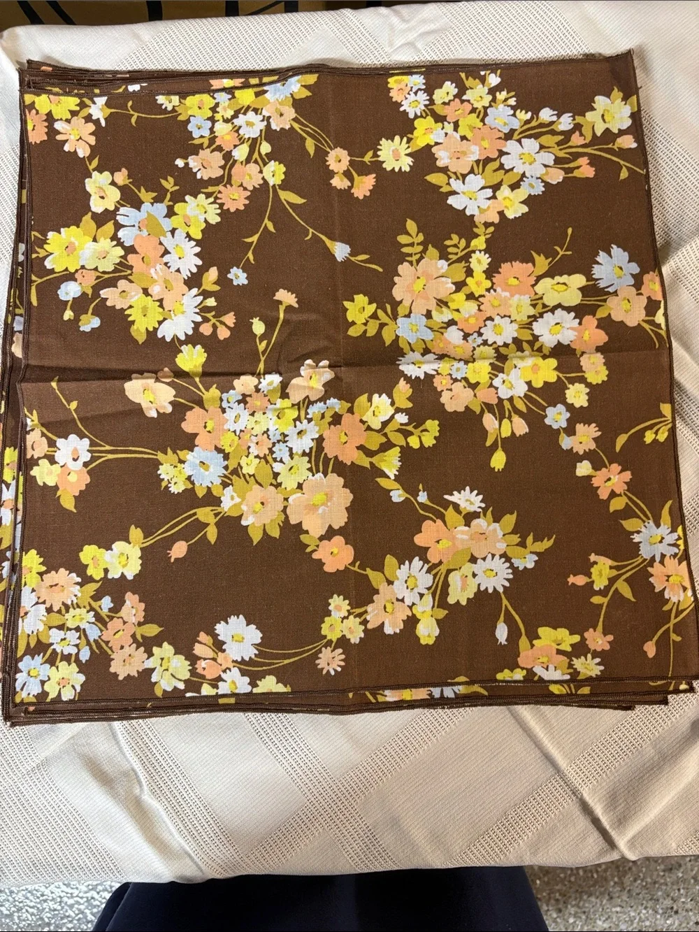 (10) Brown Linen Napkin with Orange White Yellow Floral Pattern